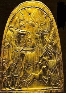 Esc, XIV, DIN XVIII, Abanico, Tutankhamn disparando el arco desde su carro, 1334-1325