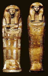Esc, XIV, DIN, XVIII, Sarcfagos de Tuya y Yuya, madera y oro, Valle de los Reyes, Epoca de Amenophis III, M. Egipcio, El Cairo, 1382-1344