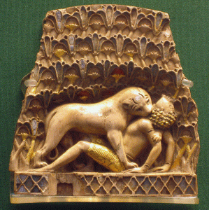 Esc, IX-VII, Leona da muerte a un pastor nubio, perodo neoasirios, Marfil, Nimrud, Siria