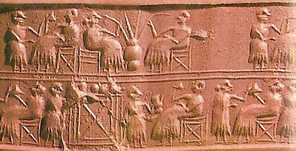 Esc, XXVII, Cilindro-sello, sumerios, en el Cementerio Real de Ur, Brigish Museum, 2600