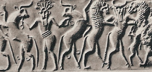 Esc, XXVIII, Cilindro-sello, Hroe luchando con animales, 2750