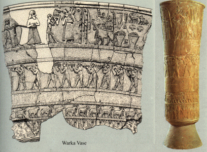 Esc, XXXIV-XXXII aC., Jarrn sagrado de Warka o Vaso de Uruk, Fragmentos, alabastro, M. de Nacuional, Bagdad, Irak, 3400-3100