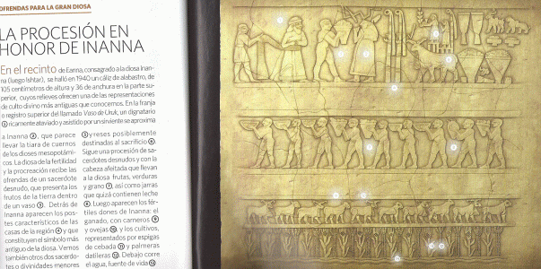 Esc, XXXIV-XXXII aC., Jarrn sagrado de Warka o Vaso de Uruk, alabastro, Reconstruido secuencialmente de fragmetos, M. Nacional, Bagdad, Irak, 3300-3100
