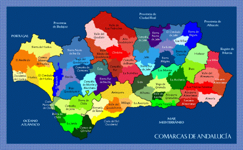 Geo, Andaluca, Humana, Poblamiento, Comarcas, Mapa, 2005